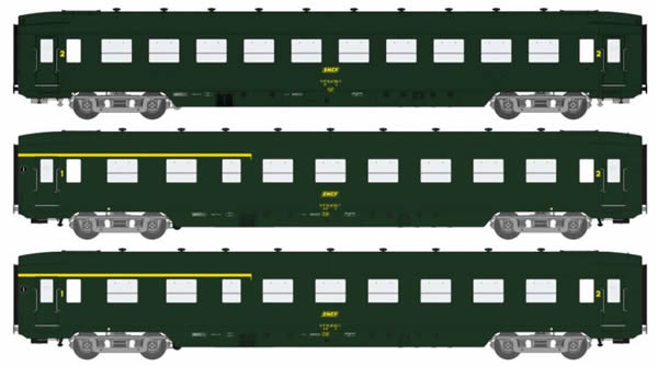 REE Modeles VB-200 - French SNCF set of three DEV AO U46 (B10 & 2xA21/2B6) Green 301, grey frame, Yellow boxed logo, Ski